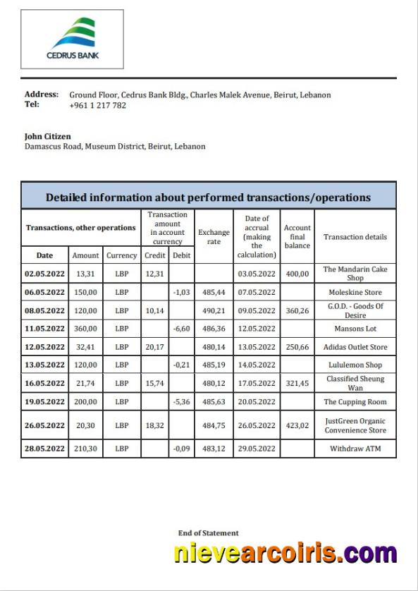 Lebanon Cedrus Bank statement